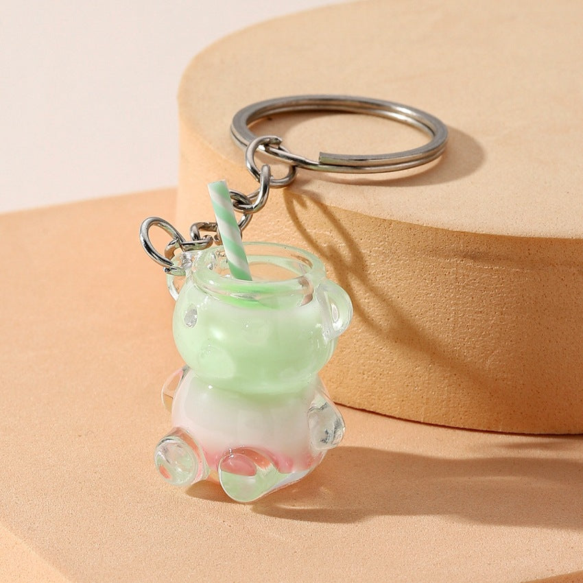 Wholesale Nightlight Bicolor Little Bear Milk Tea Straw Cup Resin Keychain